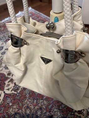 Prada Cream Braided-Handle Shoulder Bag with Silver Accents
